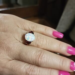 Beautiful Large Fire Opal and Two garnet stones 14K gold ring